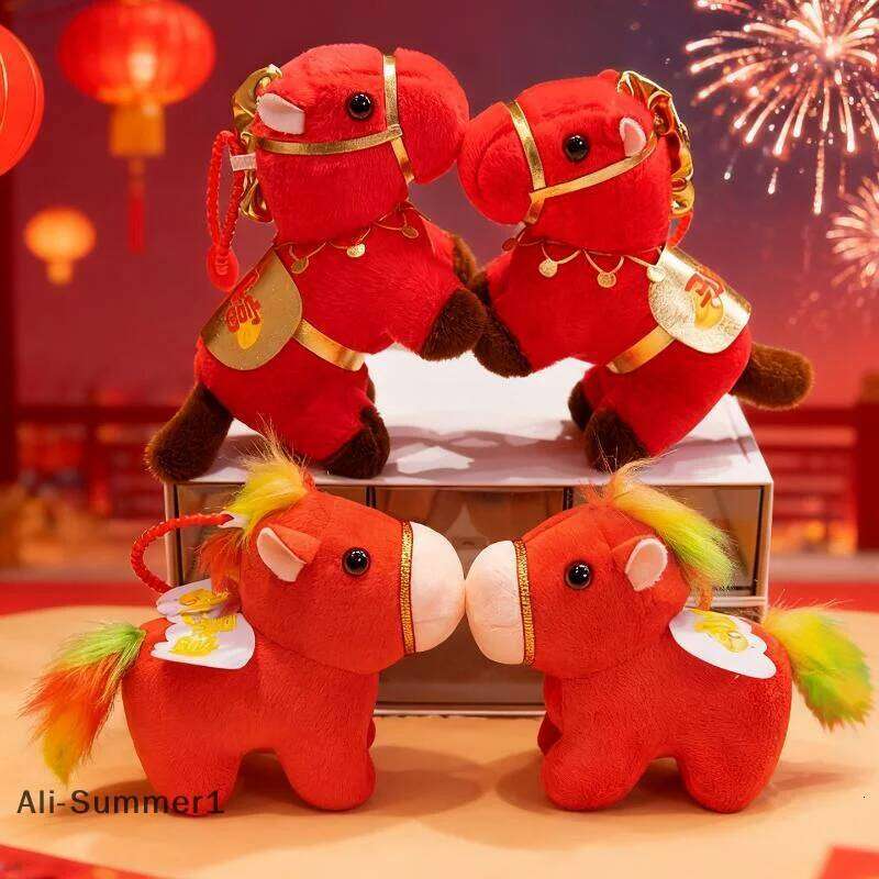 E1Pcs Blessing Message Doll Keychain Red Horse Plush Stuffed Toys Bag Pendant New Year Gift For Friends 26Y0116