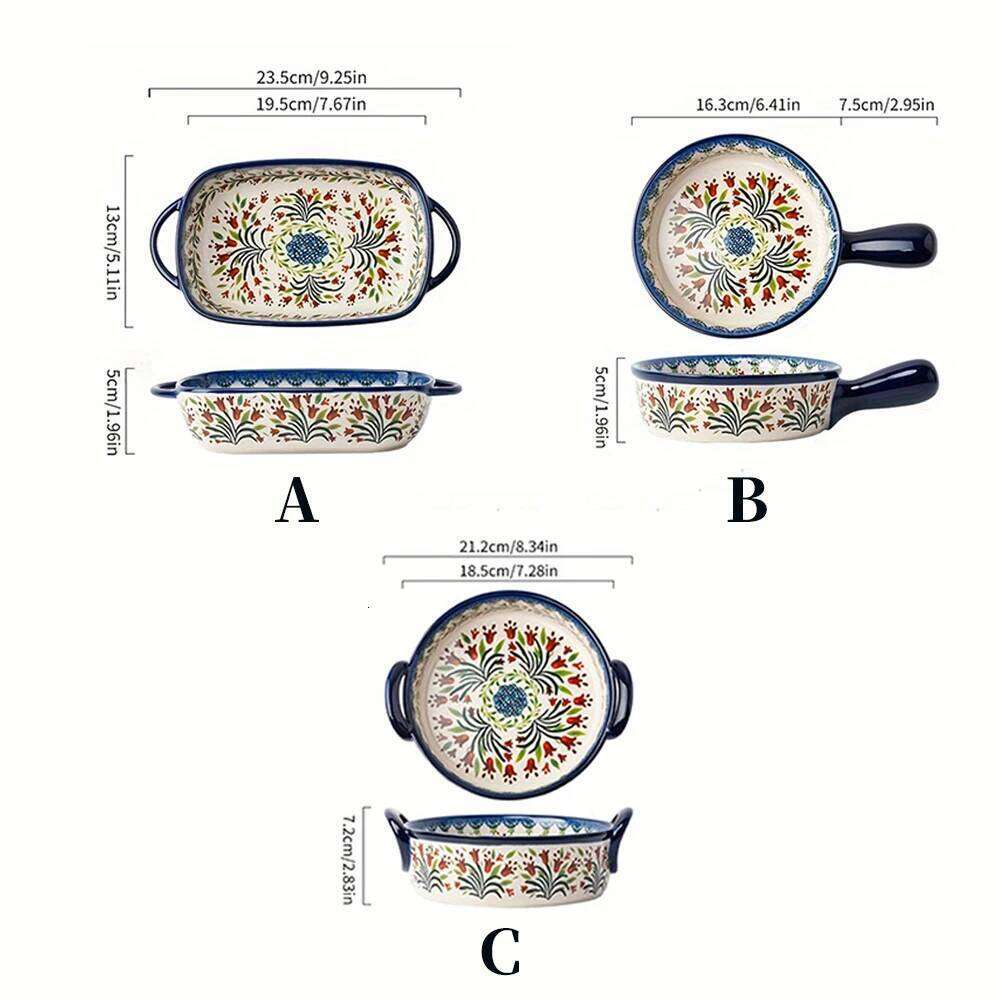 Dining Room Tableware Vintage Style Casserole Dish, All-Season Oven Baking Pan with Handles, Microwave Safe Ceramic Kitchenware for Living Room