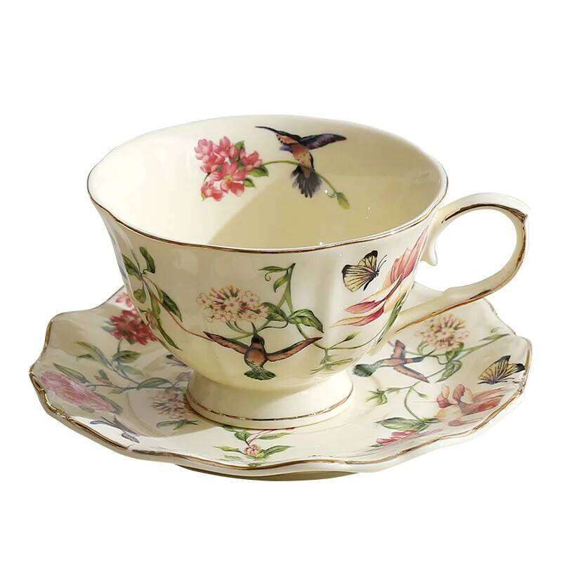 High Aesthetic Flower And Bird Coffee Plates, Retro Style, Gilded Ceramic Cups, Home Afternoon Tea Mugs