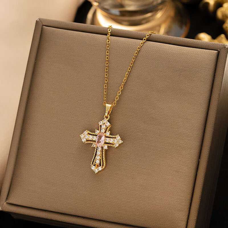 Necklace for Women Dainty Colorful Zircon Cross Pendant | Titanium Steel Clavicle Chain Fashion Daily Jewelry