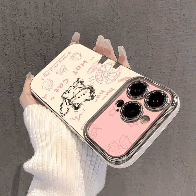 Phone Case New Fan Cat Compatible With Iphone 16 Pro 15 14 13 12 11 Electroplated Large Window For Women