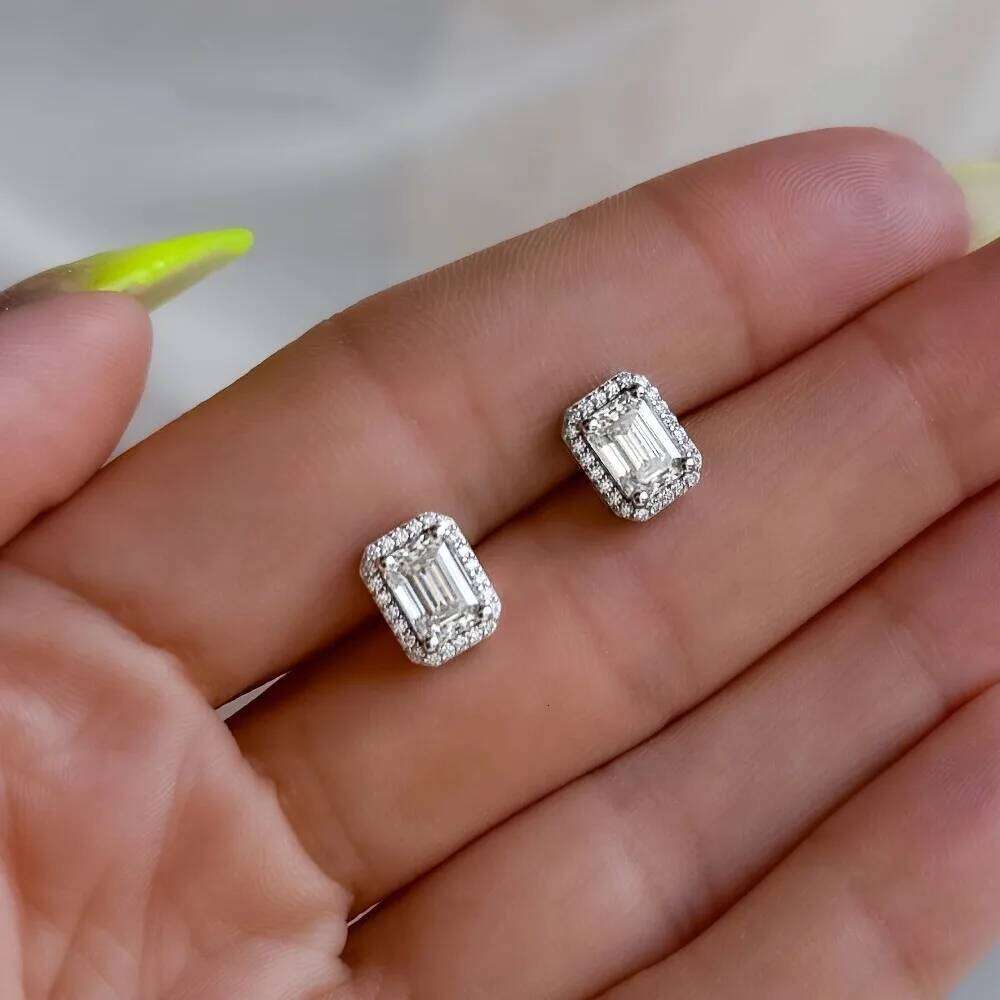 Valentine's Day FEOBUR 0.5/1/2ct Emerald Cut Halo Moissanite Stud Earrings 925 Diamond Rectangular Earring Women Bri 26H0115