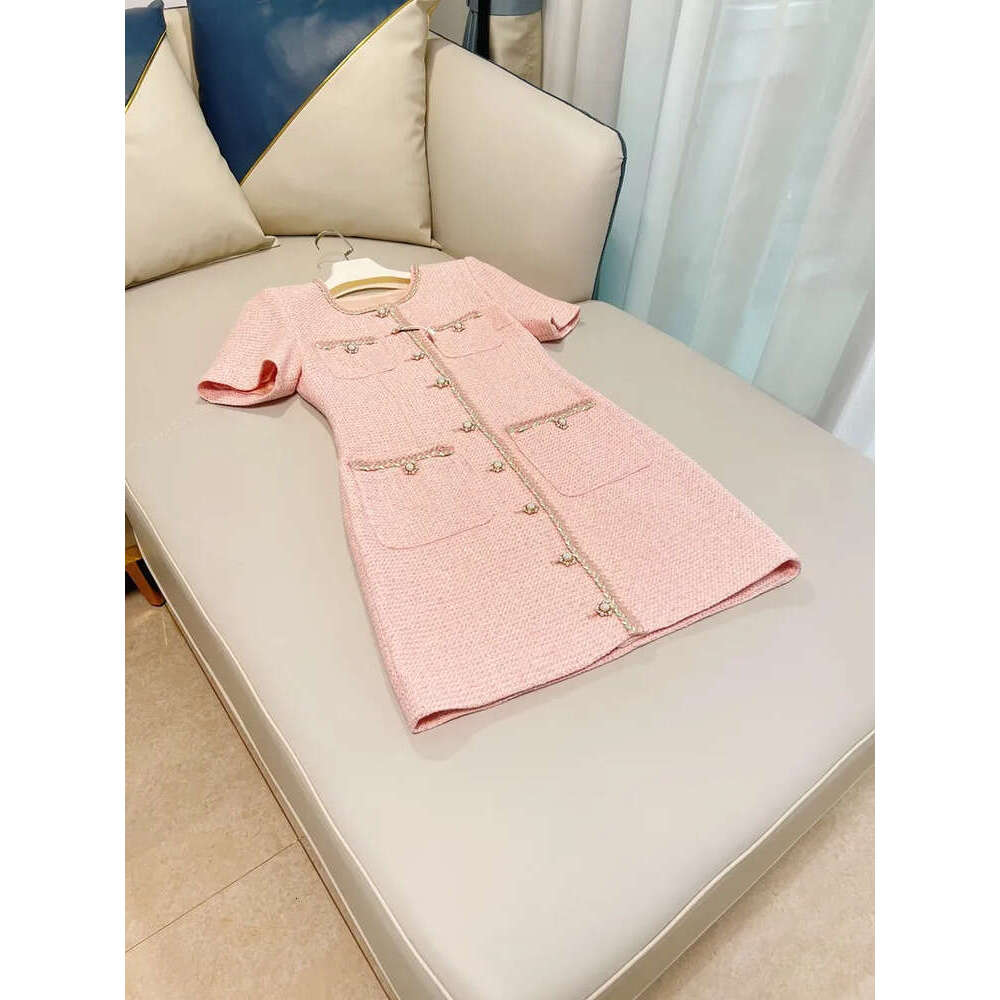 Sandro Designer Tweed Panelled Dress Pink Solid Color Short Sleeve Pockets Short Single-Breasted Casual Dresses Coarse Woolen Sleeveless Short Dress 8A5