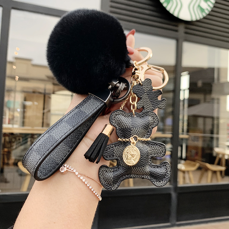 keychains Fashion 2026 Cute Cat and Bear Keychain Checkered PU Leather Fur Pom-pom Wrist Strap Tassel Coin Bag Car Decor