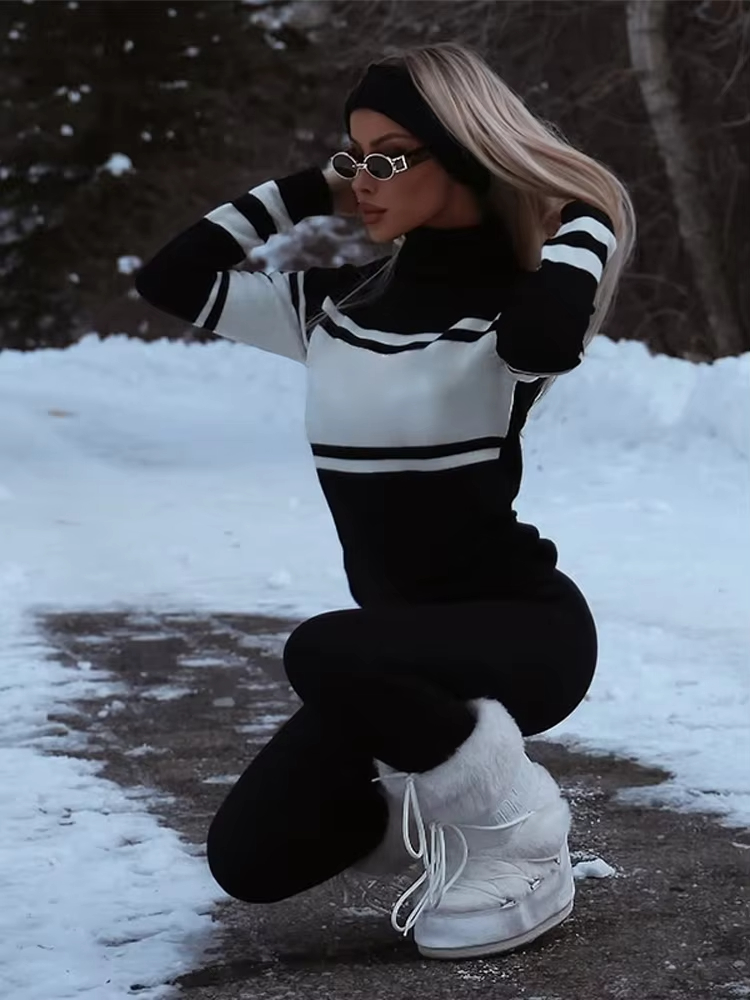 Ski Letter Star Contrast Turtleneck Sweater Women Loose Long Sleeve Knitted Snow Pullover Sweaters Spring Lady Warm Jumper