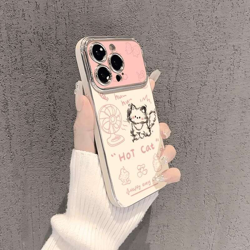 Phone Case New Fan Cat Compatible With Iphone 16 Pro 15 14 13 12 11 Electroplated Large Window For Women