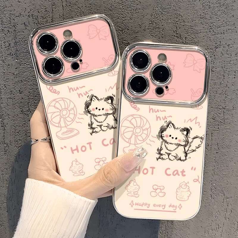 Phone Case New Fan Cat Compatible With Iphone 16 Pro 15 14 13 12 11 Electroplated Large Window For Women