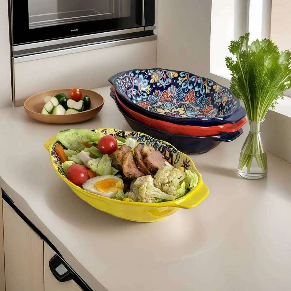 Bohemian ceramic set, double eared household steamed fish high value salad plate, cooking plate