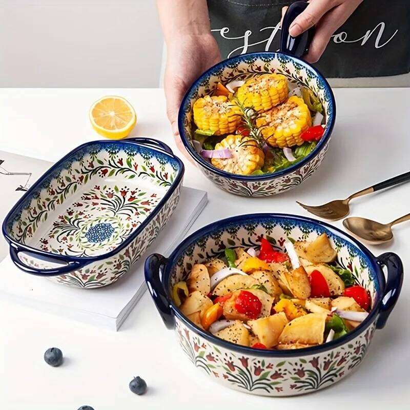 Dining Room Tableware Vintage Style Casserole Dish, All-Season Oven Baking Pan with Handles, Microwave Safe Ceramic Kitchenware for Living Room