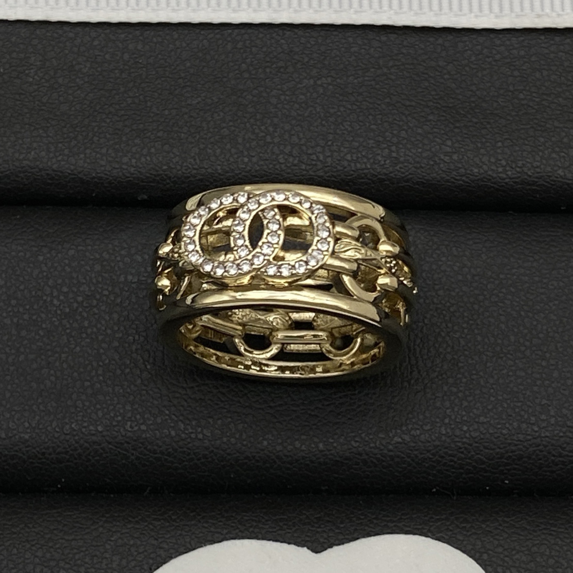 New Style Letter Ring Gold-color Brass Copper Open Band Rings Fashion Fine Finger Ring Luxury Crystal Ring for Womens Wedding Jewelry Gifts One Size:6 7 8