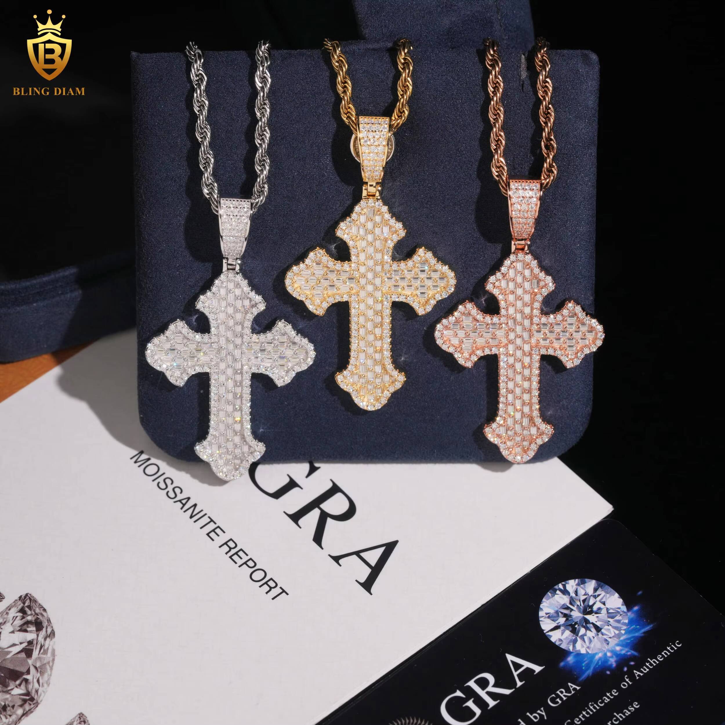 925 Silver Hiphop Cross Pendant Charms Necklace Baguette Cut Moissanite Pendant Pass Diamond Test Fashion Pendants Charms