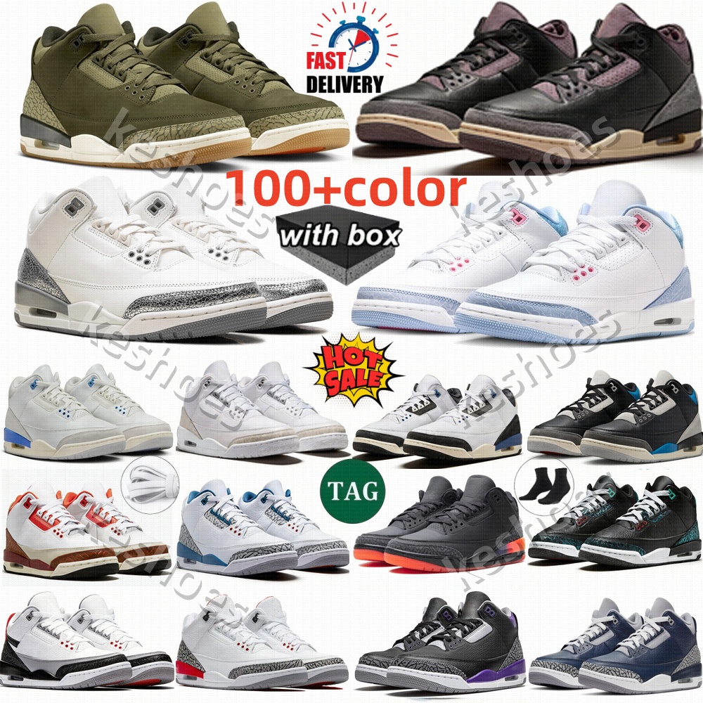 Designer Shoes 3 3s Medium Olive White Cement Black Cat Fire Red Green Glow Pine Green Mars Stone Cardinal Racer Blue Dark Iris UNC With Box Men Women Sports Sneaker