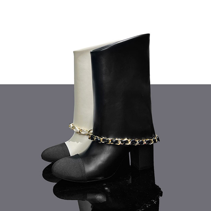 Luxury Fashion Boot 2026 Women's White & Black Mid-Calf Boots Chain Detail Buckle Strap Fashion Daily Wear Boots