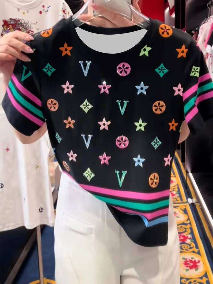 American Retro Colored Printed Striped Short Sleeved Designer Fashion T-Shirt For Women Summer Fashion Y2k Ladies Clothes Female Clothing