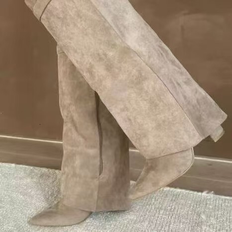 Designer Metal Buckle Mid-Calf Large Size Chunky Heel Trousers Women's Boots