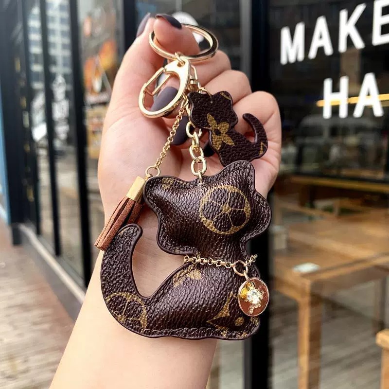 2026 Cute Cat and Bear Keychain PU Leather Colorful Pattern Tassel Rhinestone Pendant Bag Car Decor