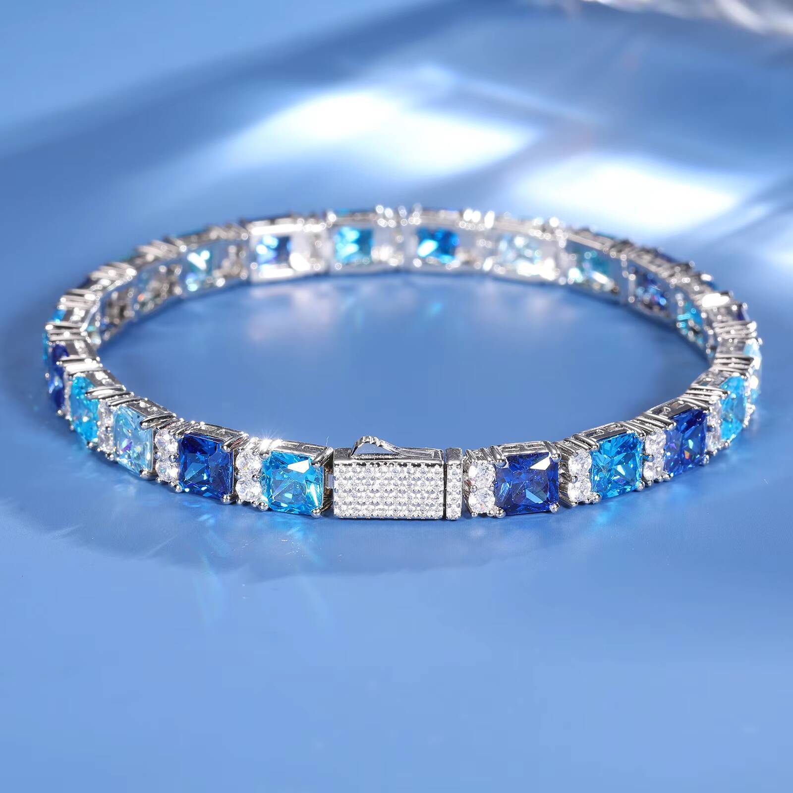 Dropshipping Trendy 65mm 925 Sterling Silver VVS Moissanite Diamond Asscher Cut Gradient Color Blue Gemstone Tennis Bracelet