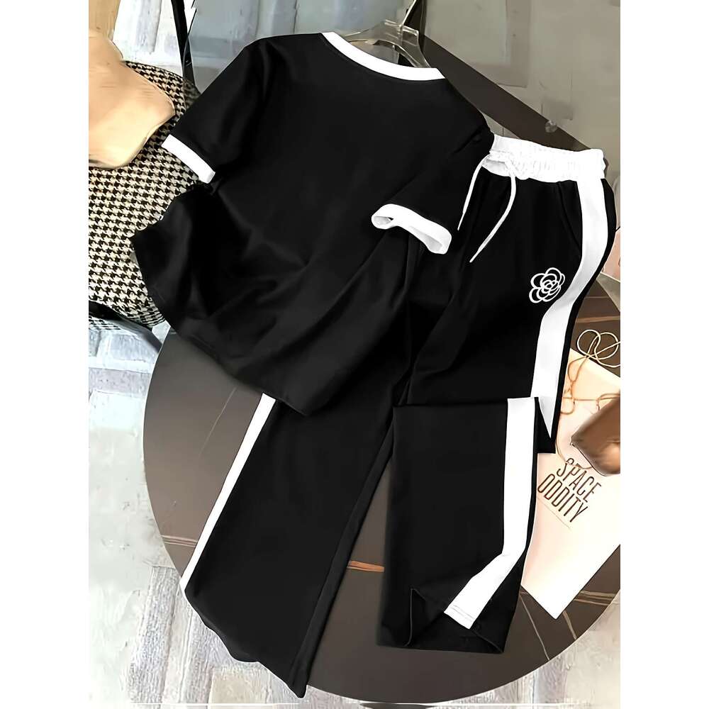 Women's Leisure Sports Suit New Two-piece Set High Waist Pants fashion Sports Sets Short sleeved sportswear, casual wear, wide leg pants