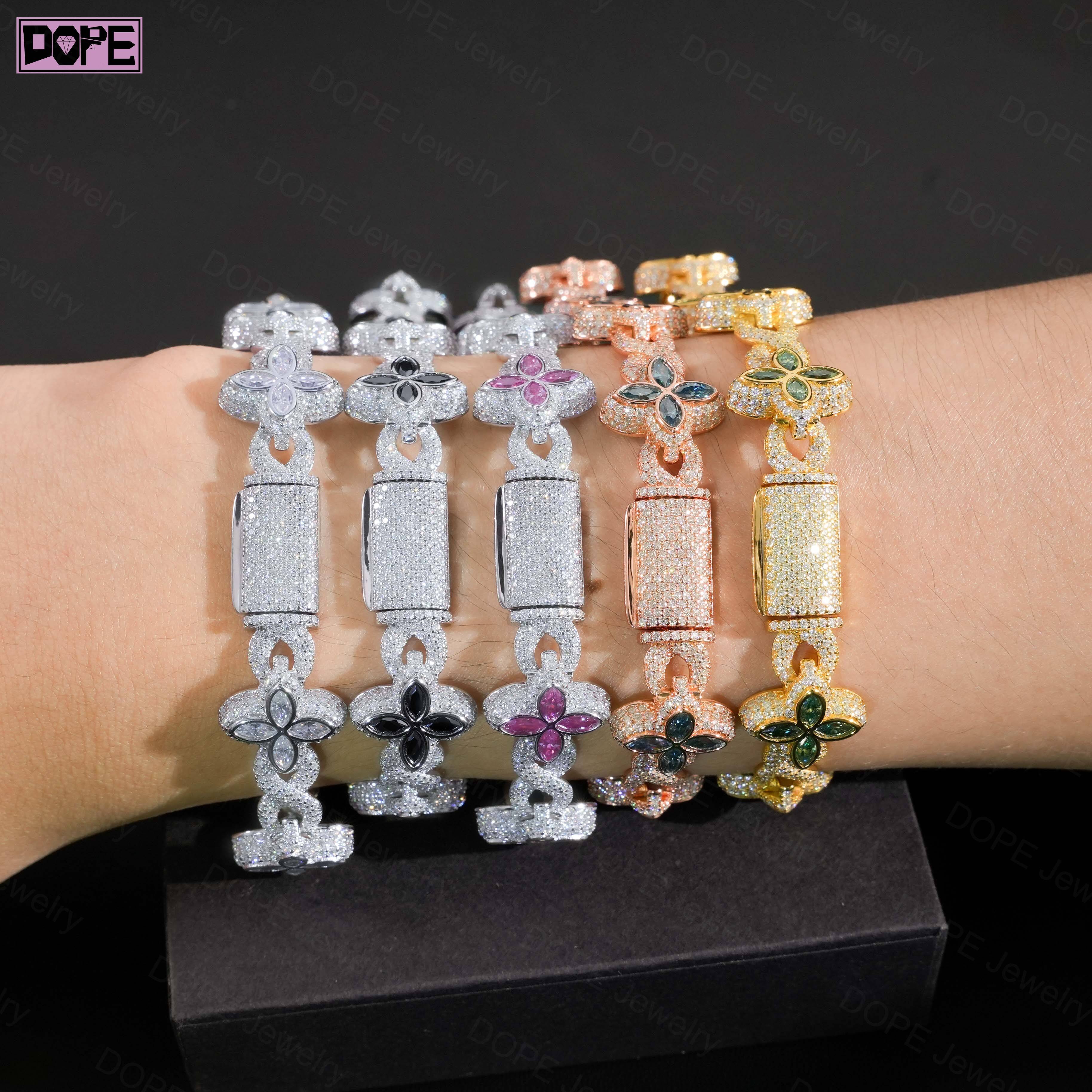 Hip Hop Moissanite Bracelet Infinity 925 Silver VVS Diamond Iced Out Clover Charm Mens Moissanite Cuban Bracelet