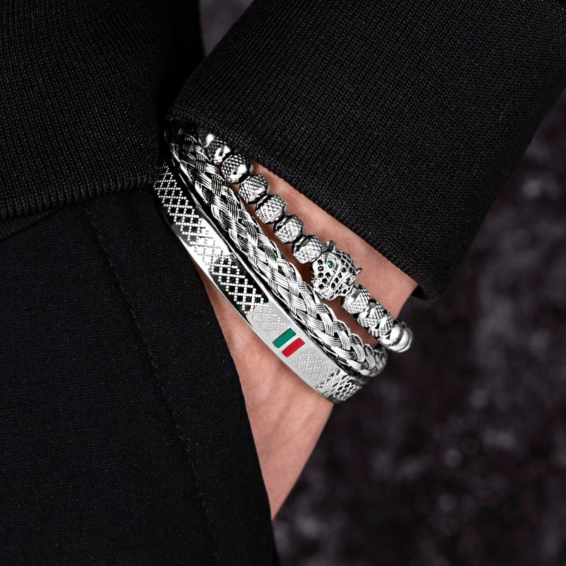 Micro Pave Leopard Head Bracelet Set For Men Stainless Steel Striped Bangle Trendy Versatile Jewelry Gift