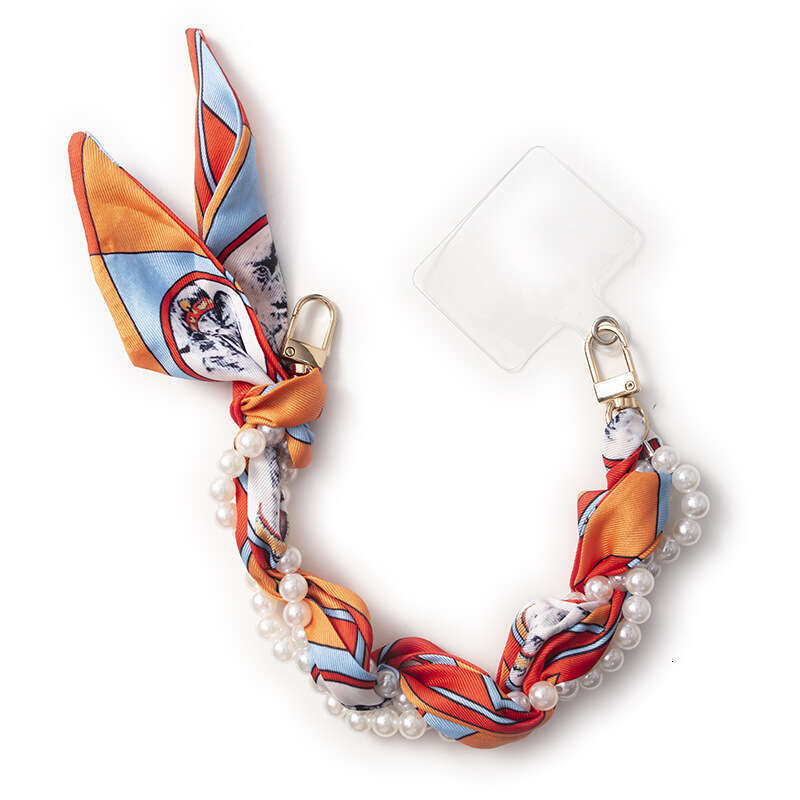Trendy Ins Style Pearl Beaded Phone Lanyard - European American Silk Scarf Woven Anti-Lost Shoulder Strap