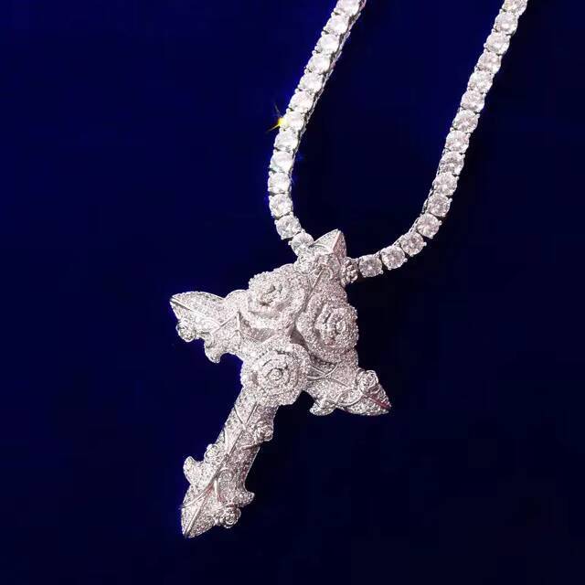 Fashion Hip Hop Cubic Zirconia Ice Out Rose Cross Pendant Necklace Men Women Trendy Jewelry
