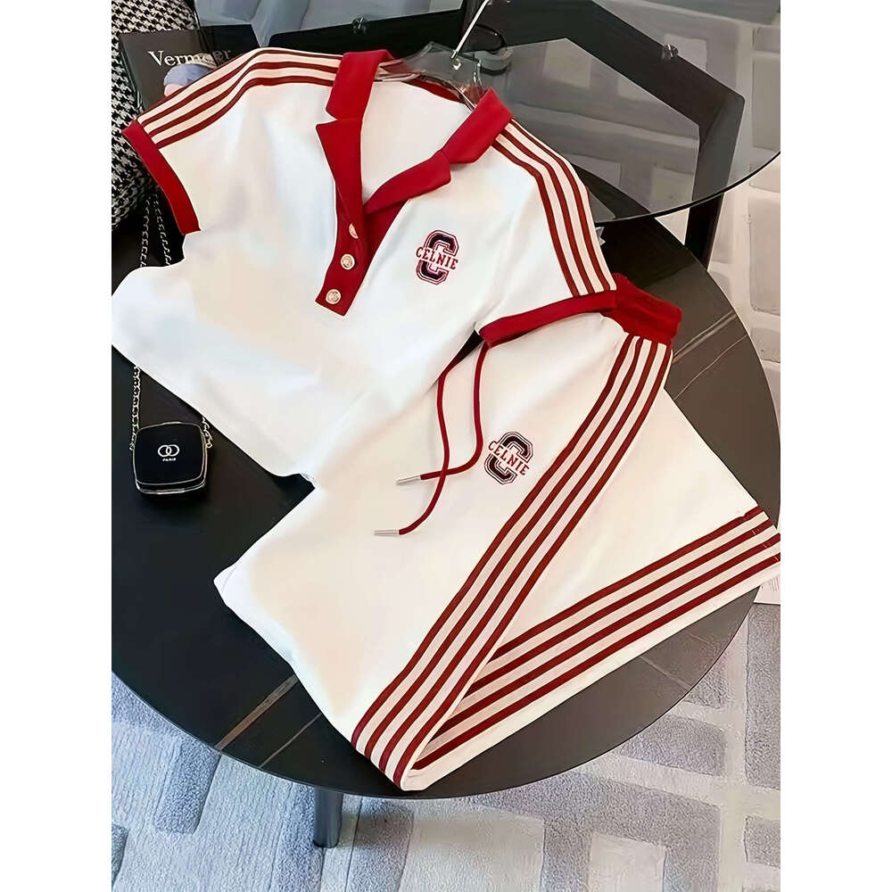 woman's Golf Casual Polo Shirt Ice Silk Luxury Top High Quality Breathable New Short Sleeve stripe set polo shirt set Wide Leg Pants Set
