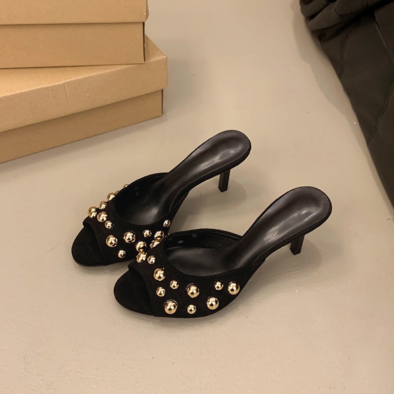 2026 Studded Single Strap Stiletto Slides, Luxury Summer Heeled Sandals for Women, Versatile Outdoor Dressy Thongs