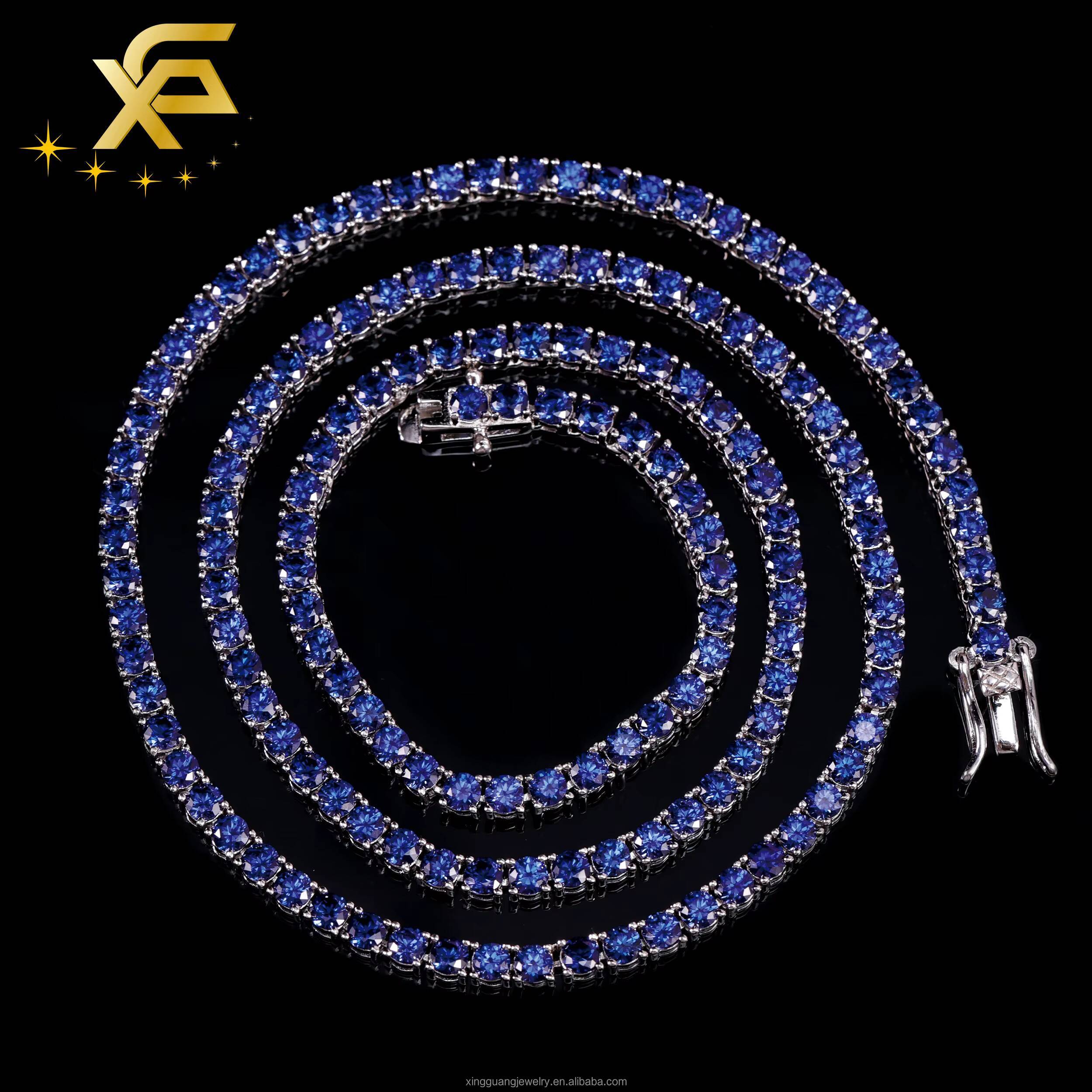 Fine Jewelry Blue Diamond Tennis Chain for Men Women 3mm Wide S925 Silver Blue Diamond Tennis Link Chain Necklace