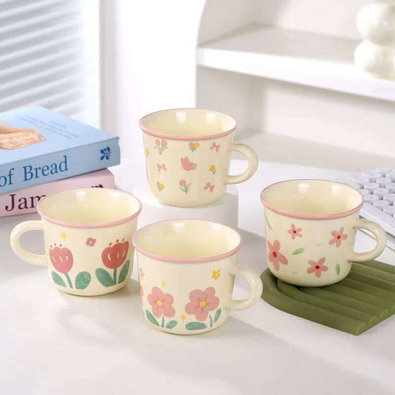 Creative Coffee Mug with Tulip Flower Design Ceramic for Women Aesthetic Ins Style Breakfast Cup