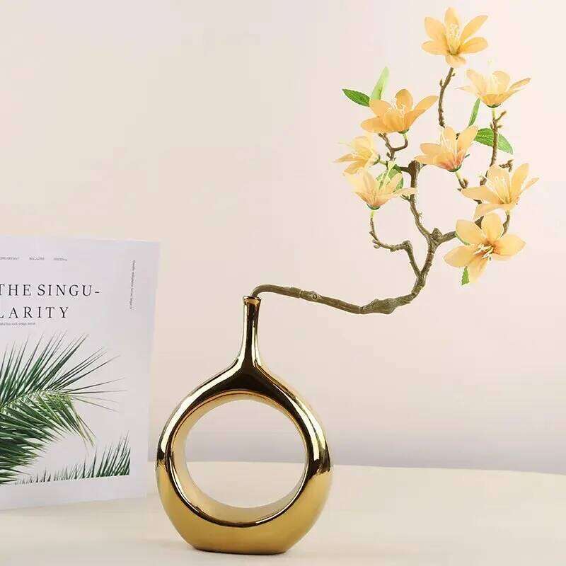 Ceramic Vase Gold Hollow Out Round Shape Flower Arrangement Hydroponics Accessories Handicraft Ornaments Wedding Vases C260116