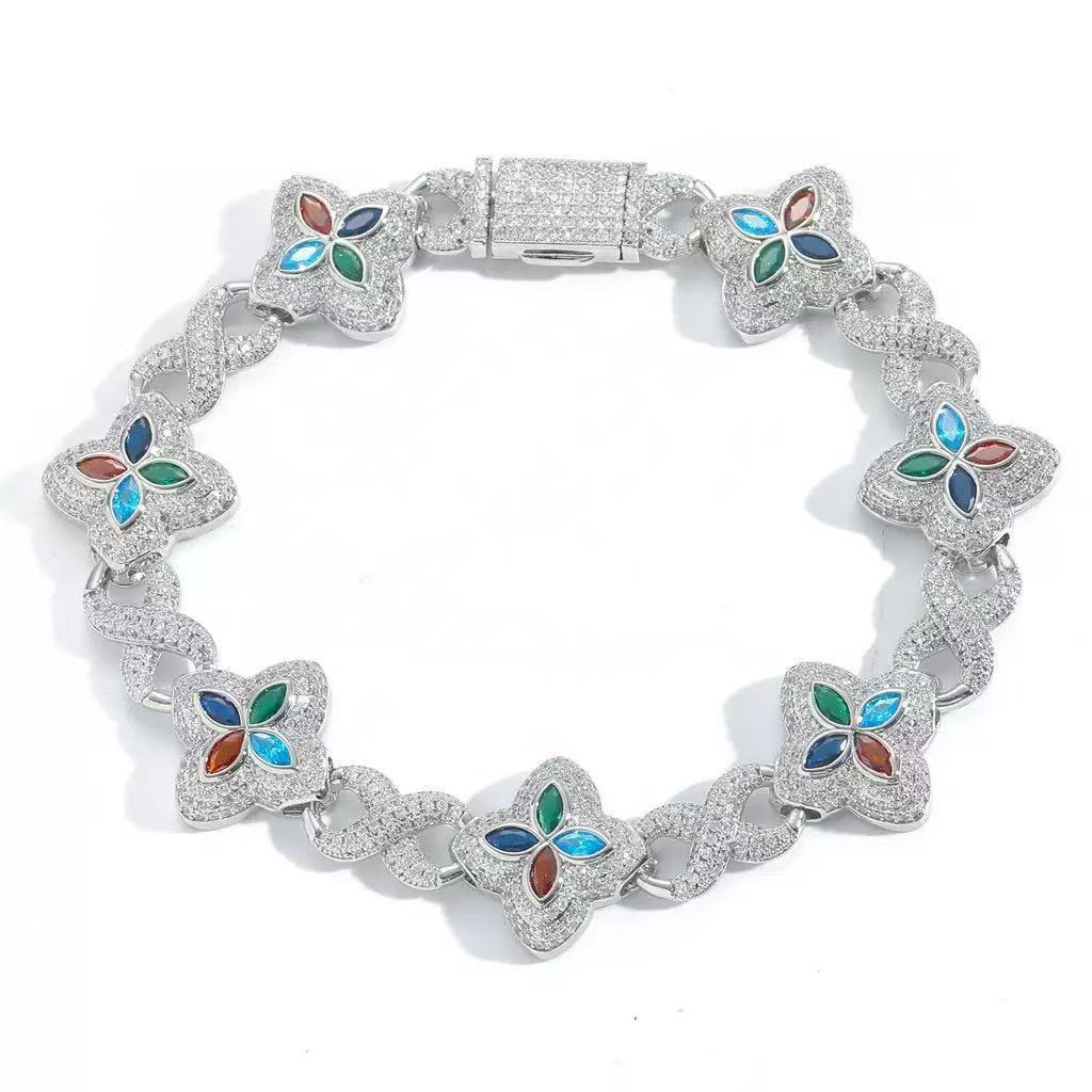 Fashion Style Unique Design Iced Out Hip Hop Jewelry S925 Silver Orange Moissanite Diamond Cleef Clover Infinity Cuban Bracelet