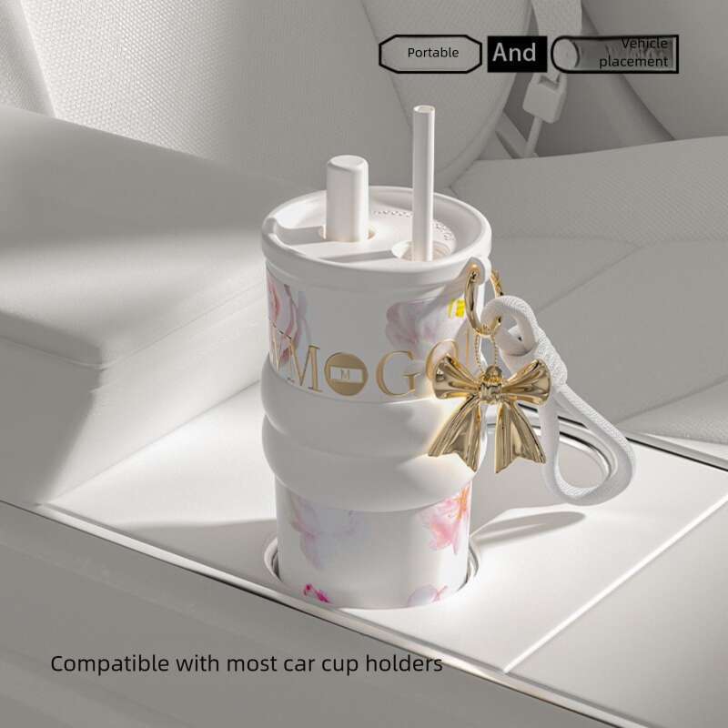 Floral Print Stylish Straw Insulated Water Bottle Large Capacity Portable For Women On The Go Car Friendly Ceramic Liner