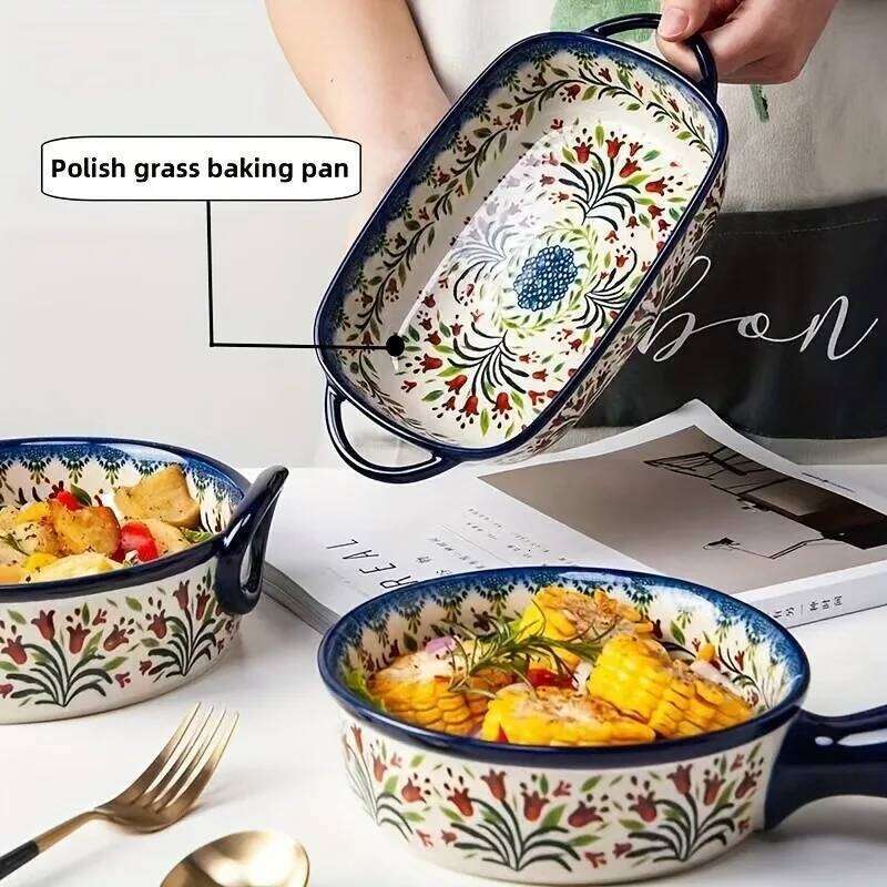 Dining Room Tableware Vintage Style Casserole Dish, All-Season Oven Baking Pan with Handles, Microwave Safe Ceramic Kitchenware for Living Room