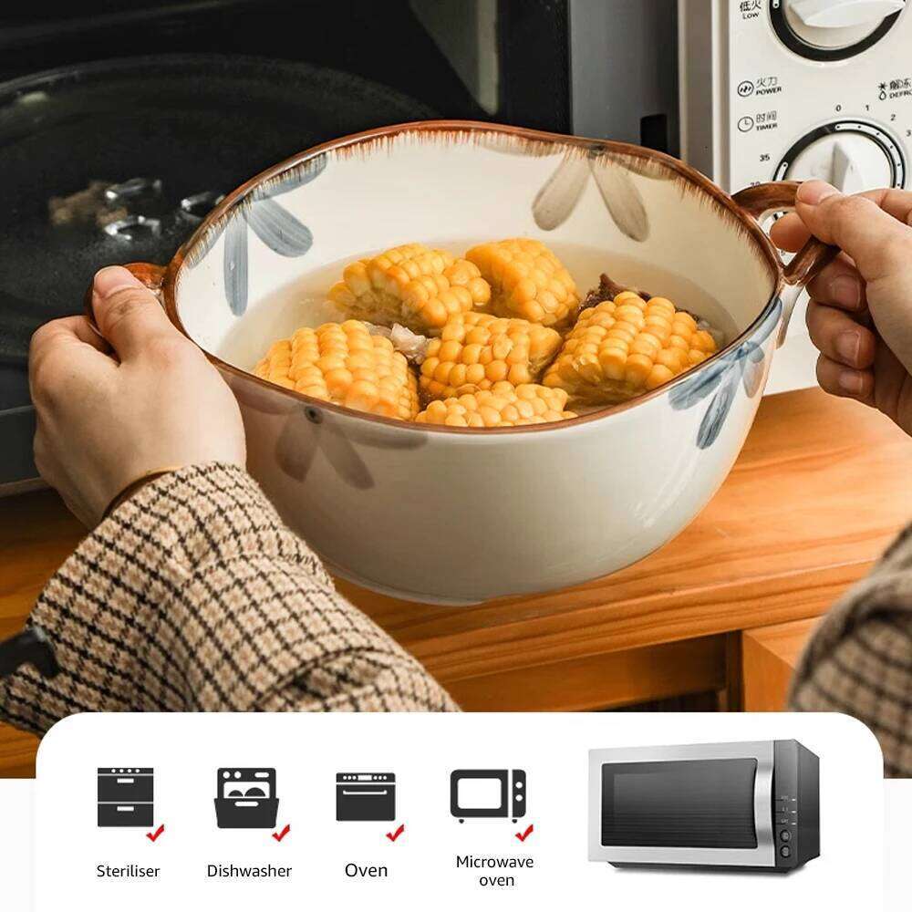 Household Noodle 1500ml Ceramic Soup With Handle Salad Pasta Fruit Bowl Kitchen Tableware Microwave Oven Bakware