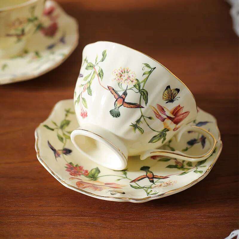 High Aesthetic Flower And Bird Coffee Plates, Retro Style, Gilded Ceramic Cups, Home Afternoon Tea Mugs