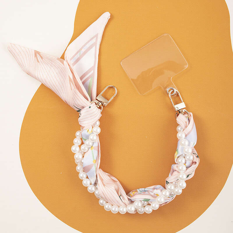 Trendy Ins Style Pearl Beaded Phone Lanyard - European American Silk Scarf Woven Anti-Lost Shoulder Strap