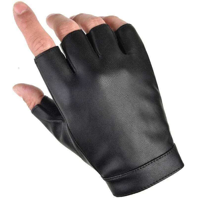 Black PU Leather Fingerless Cycling Gloves for Men Women Outdoor Sports Tactical Mittens Y260115