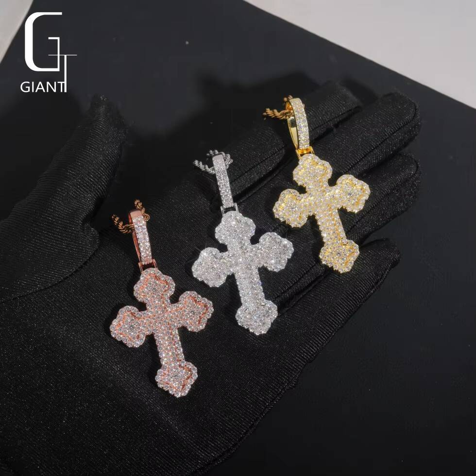 Rapper Hip Hop Round Brilliant Cut Moissanite Cross Pendant VVS Fine Jewelry for Men 925 Silver Moissanite Diamond Pendant