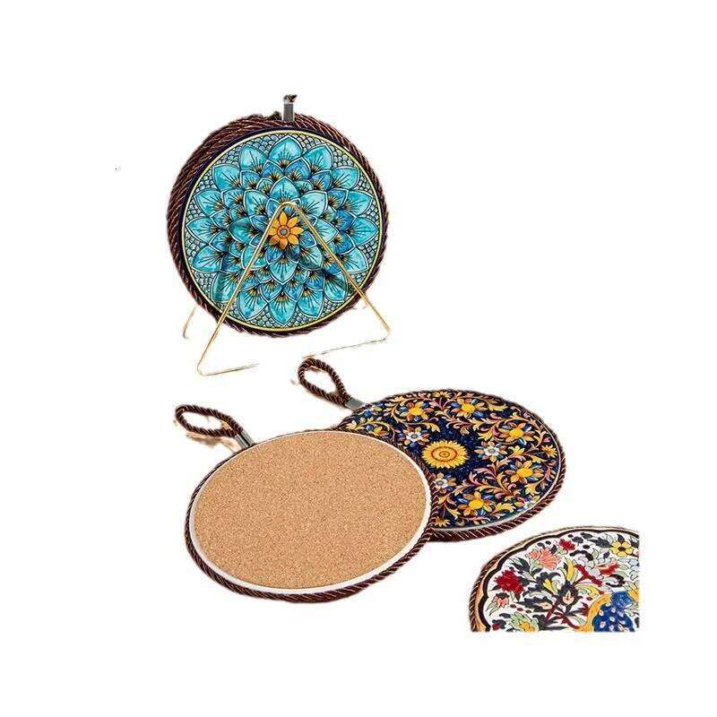 1pcs Insulation Pad Ceramic Surface and Cork Bottom Construction with Hanging Rope Suitable for Serving Plates Cups Pans
