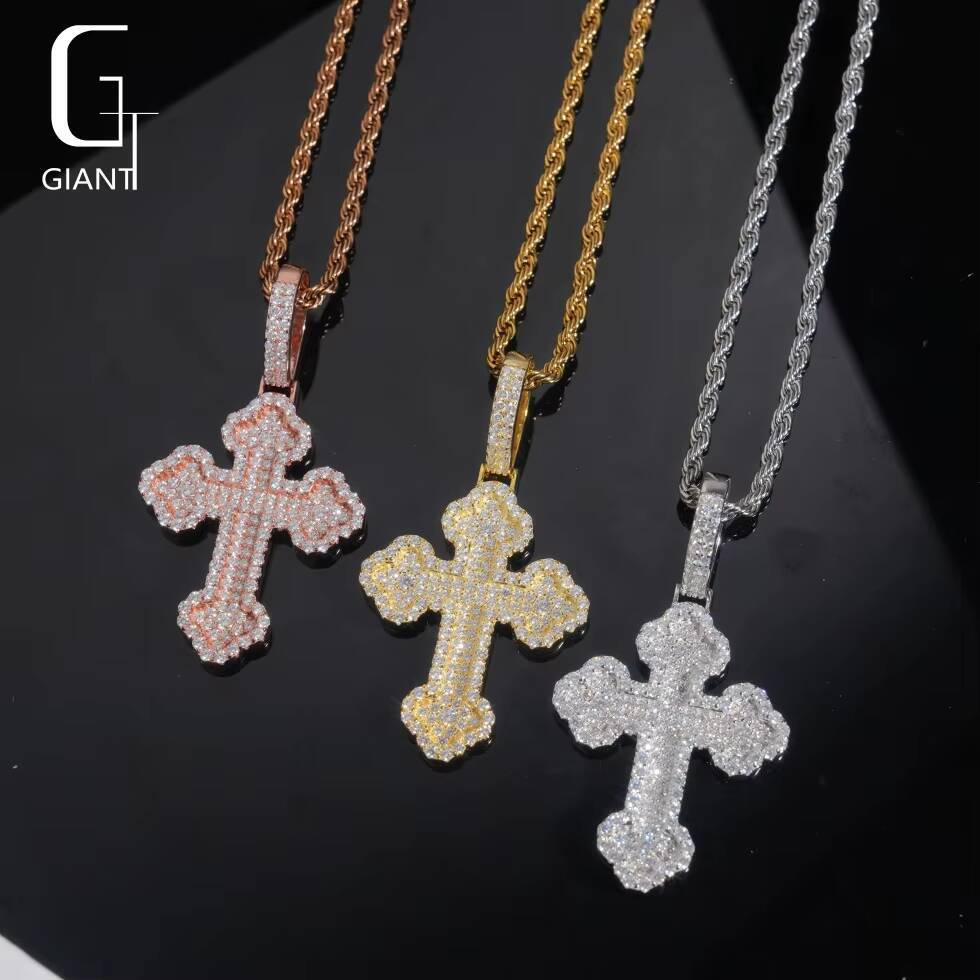 Rapper Hip Hop Round Brilliant Cut Moissanite Cross Pendant VVS Fine Jewelry for Men 925 Silver Moissanite Diamond Pendant