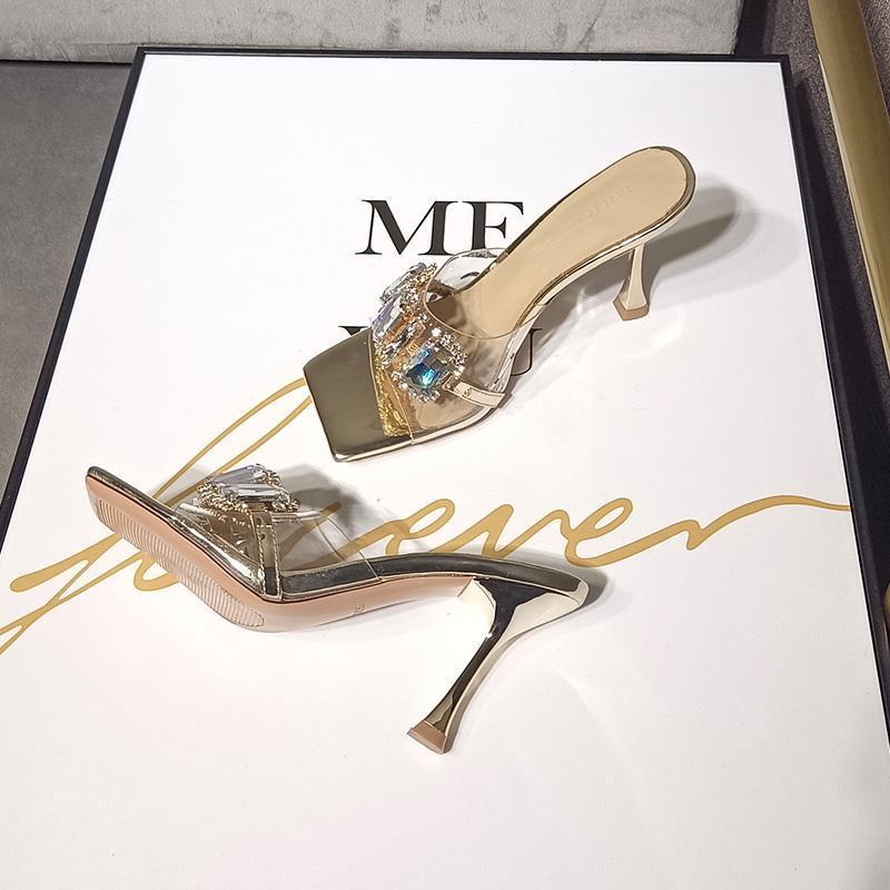 New Design 2026 Hots Women's Rhinestone Clear Strap Heeled Mules Silver/Champagne Square Toe Sandals