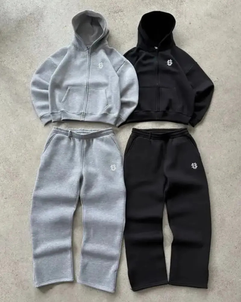 Y2K Letter Embroidery Zip Baggy Casual Pants Suit Mens Harajuku Fashion Women Retro Hoodies Couple Sweatshirt Unisex Sweatpants 260116