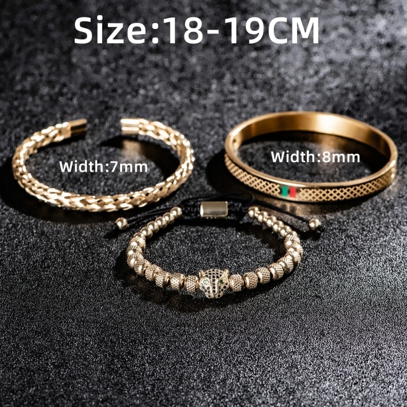 Micro Pave Leopard Head Bracelet Set For Men Stainless Steel Striped Bangle Trendy Versatile Jewelry Gift