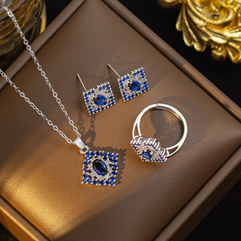 Luxury Brand Designer Jewelry Luxury Set With High-End Feel, Egant And Light Luxury Full Diamond Necklace For Women, Earrings, Ring, Full Diamond Copp - view 3