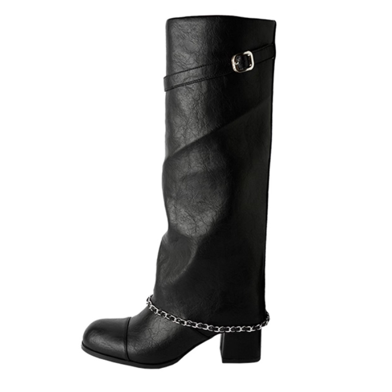 Luxury Fashion Boot 2026 Women's White & Black Mid-Calf Boots Chain Detail Buckle Strap Fashion Daily Wear Boots