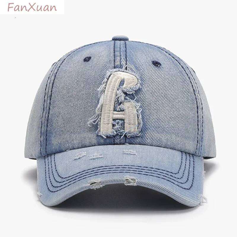 Denim Baseball Cap for Men Cotton Faded Distressed Ripped Women Caps Jean Blue Trucker Hats Big Letters Unisex Style Y260115