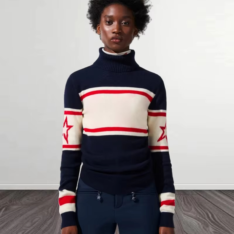 Women's Sweater Ski Knitted Pullover Turtleneck Long Sleeve Loose Snow Contrast Female Tops Spring Lady Jumper Top Clothes
