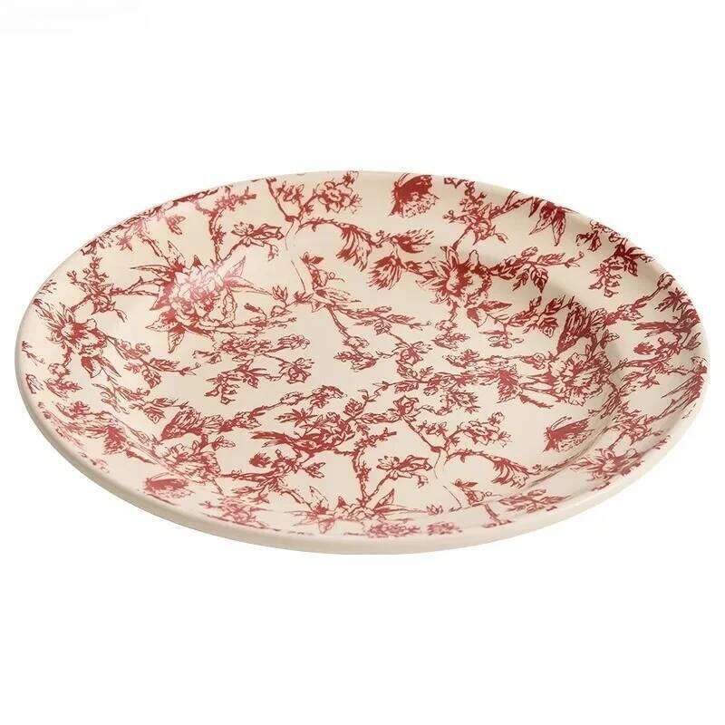 Vintage Floral Pattern Ceramic Shallow Round Dessert Steak Salad Dish Barbecue Plate Hotel Creative Tableware