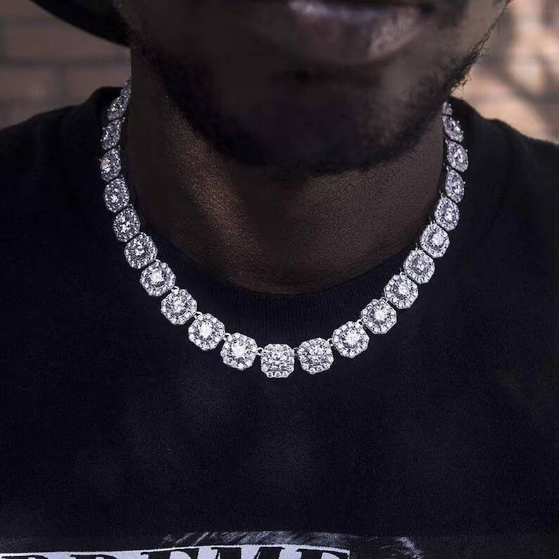 10mm Moissanite Chain Necklace Cluster Hiphop 925 Sterling Silver Iced Out VVS Diamond Moissanite Tennis Chain